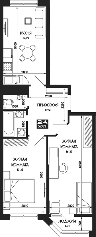 Планировка — Вершины. ГК Смена, 2-комн., 57 м²