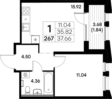 Планировка — Московский, 1-комн., 36 м²