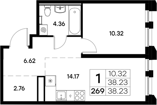 Планировка — Московский, 1-комн., 38 м²