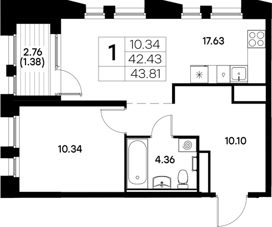 Планировка — Московский, 1-комн., 42 м²
