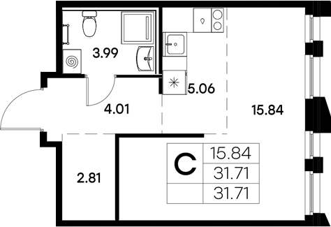 Планировка — Московский, Студия, 32 м²