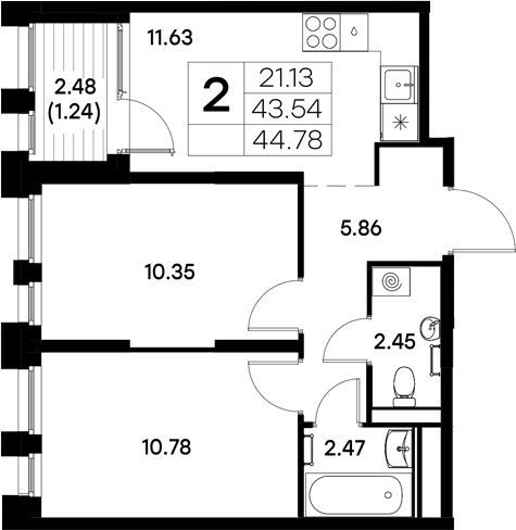 Планировка — Московский, 2-комн., 44 м²