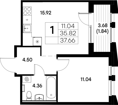 Планировка — Московский, 1-комн., 36 м²