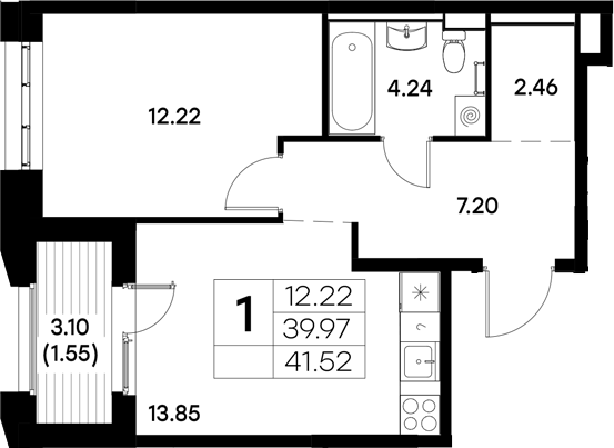 Планировка — Московский, 1-комн., 40 м²