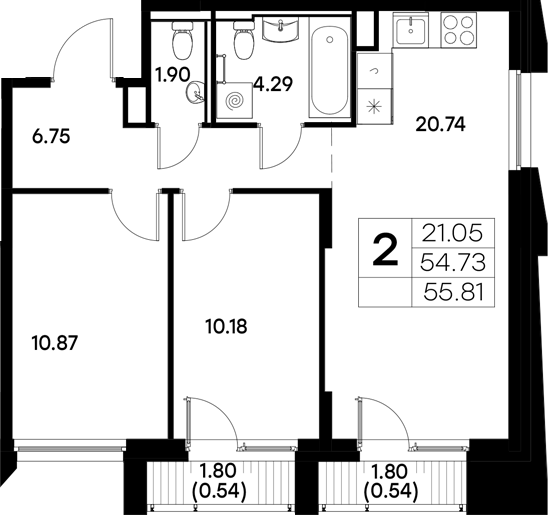 Планировка — Московский, 2-комн., 55 м²