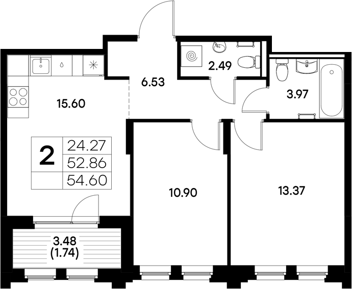 Планировка — Московский, 2-комн., 53 м²