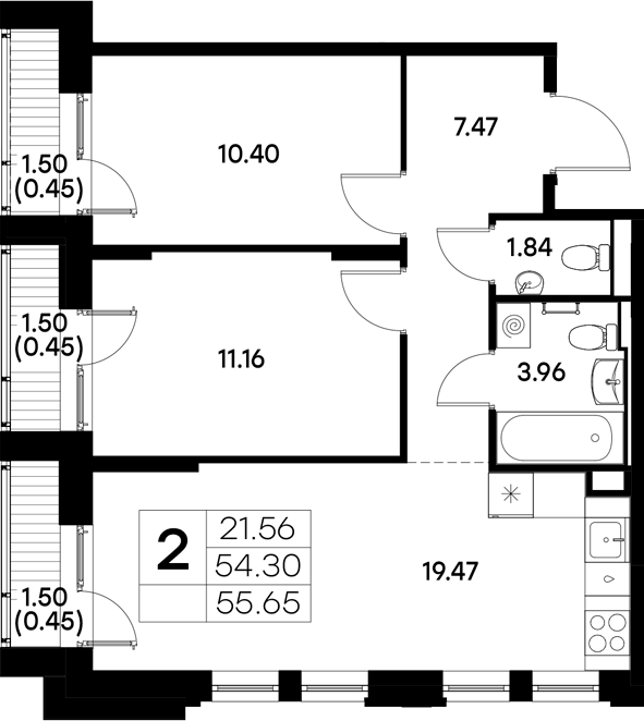 Планировка — Московский, 2-комн., 54 м²