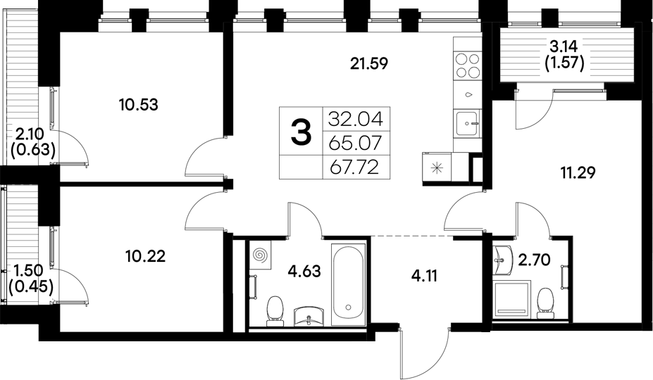 Планировка — Московский, 3-комн., 65 м²