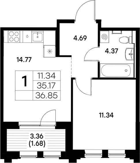 Планировка — Московский, 1-комн., 35 м²