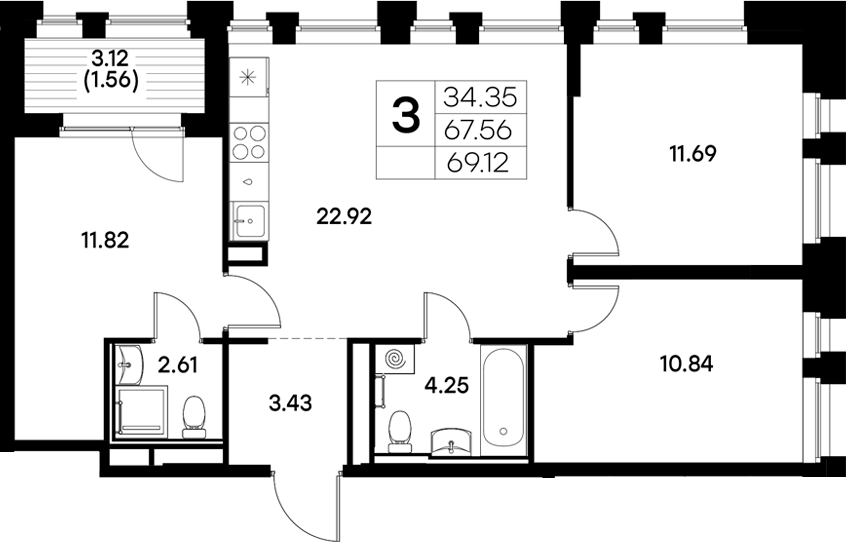 Планировка — Московский, 3-комн., 68 м²