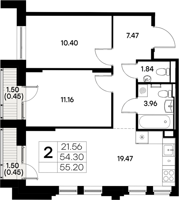 Планировка — Московский, 2-комн., 54 м²