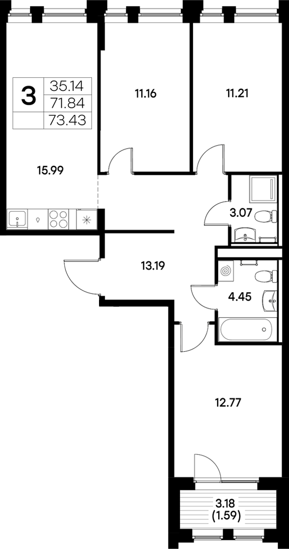 Планировка — Московский, 3-комн., 72 м²