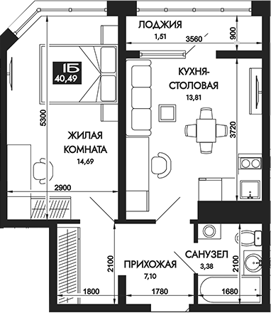 Планировка — Вершины. ГК Смена, 1-комн., 39 м²