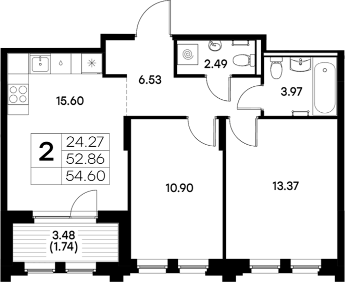 Планировка — Московский, 2-комн., 53 м²