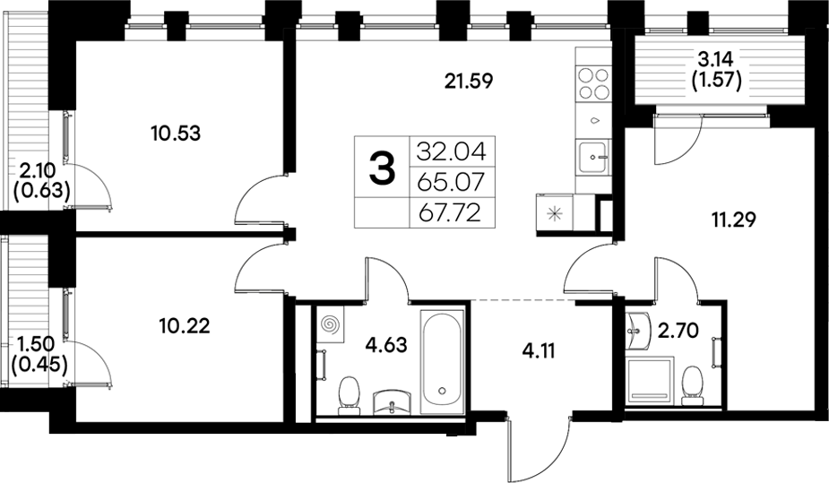 Планировка — Московский, 3-комн., 65 м²