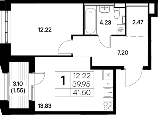 Планировка — Московский, 1-комн., 40 м²