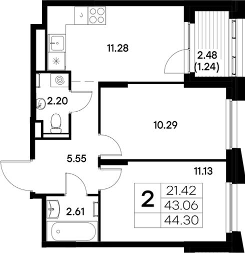 Планировка — Московский, 2-комн., 43 м²