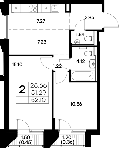 Планировка — Московский, 2-комн., 51 м²