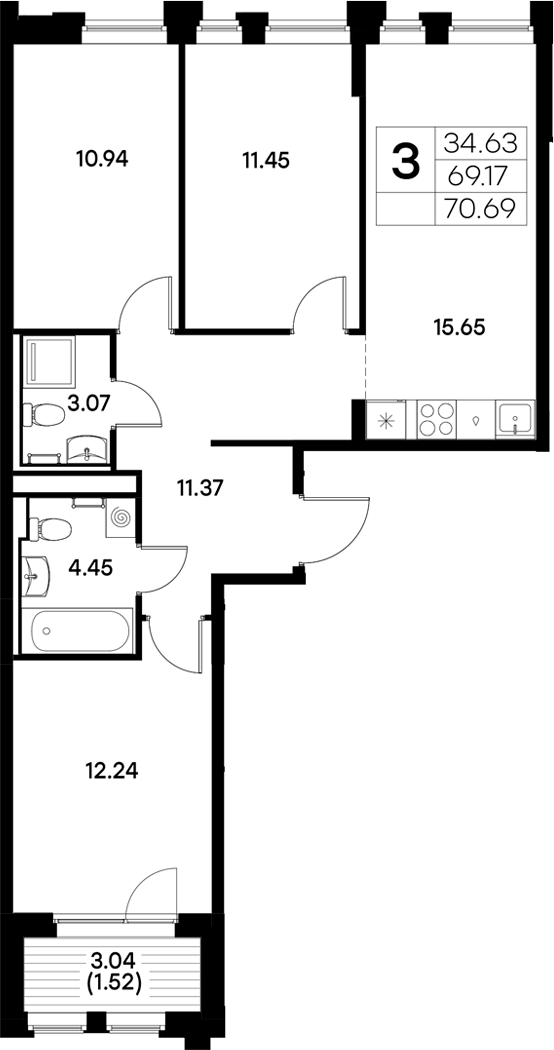 Планировка — Московский, 3-комн., 69 м²