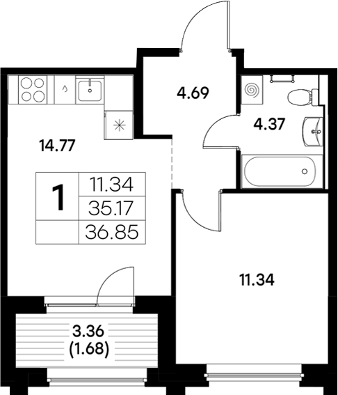Планировка — Московский, 1-комн., 35 м²
