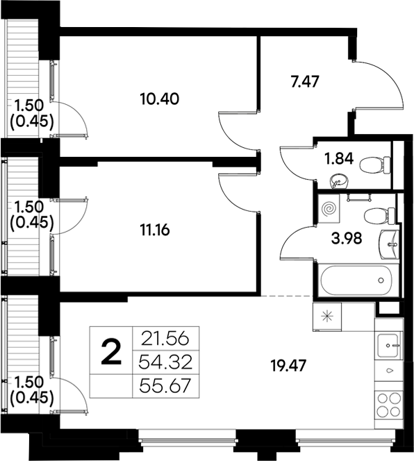 Планировка — Московский, 2-комн., 54 м²