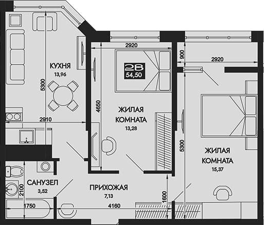 Планировка — Вершины. ГК Смена, 2-комн., 55 м²