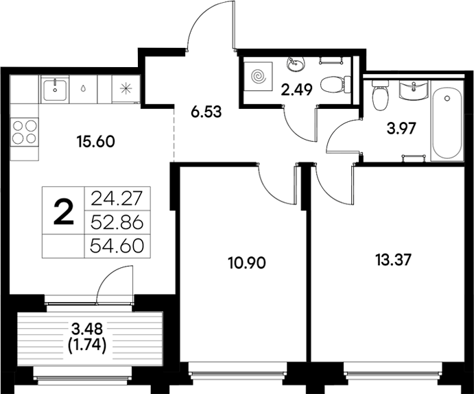 Планировка — Московский, 2-комн., 53 м²