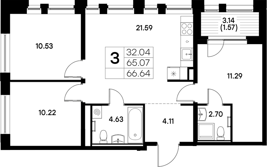 Планировка — Московский, 3-комн., 65 м²