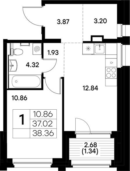 Планировка — Московский, 1-комн., 37 м²