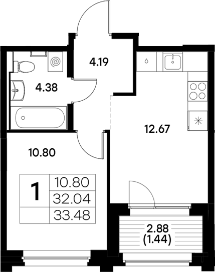 Планировка — Московский, 1-комн., 32 м²