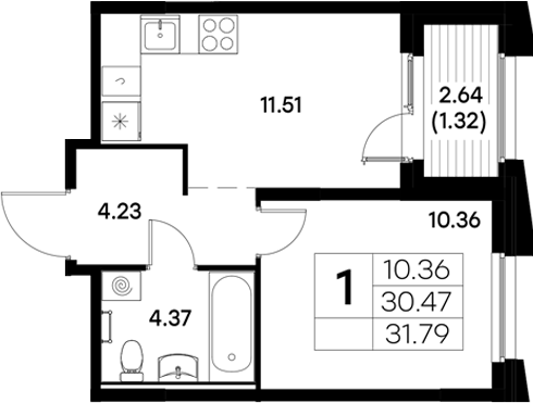 Планировка — Московский, 1-комн., 30 м²