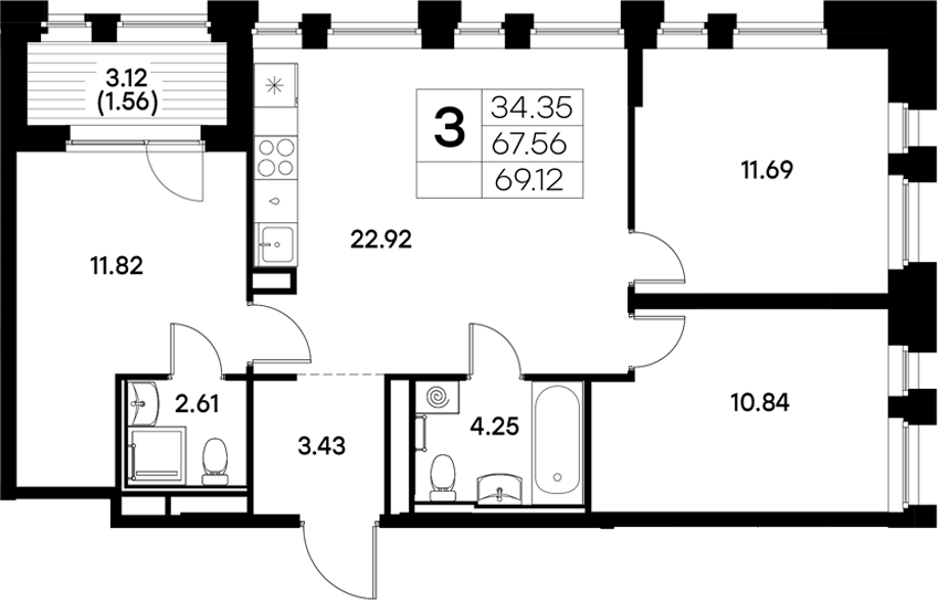 Планировка — Московский, 3-комн., 68 м²