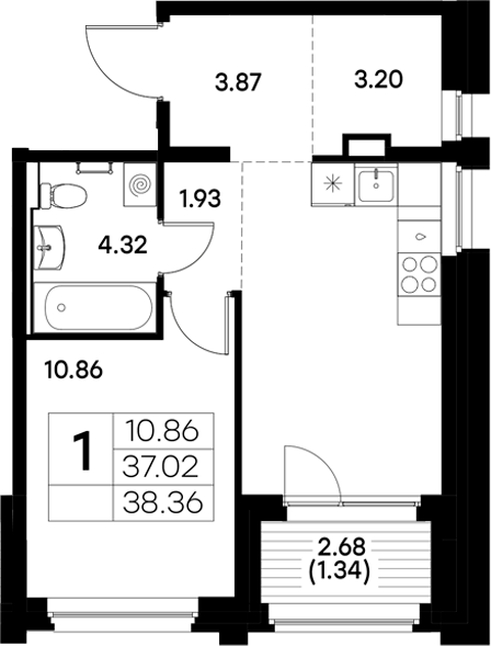 Планировка — Московский, 1-комн., 37 м²