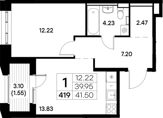 Планировка — Московский, 1-комн., 40 м²