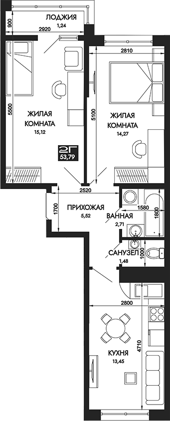 Планировка — Вершины. ГК Смена, 2-комн., 53 м²