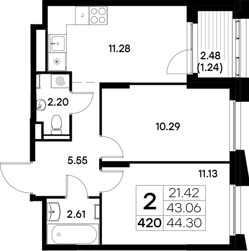 Планировка — Московский, 2-комн., 43 м²