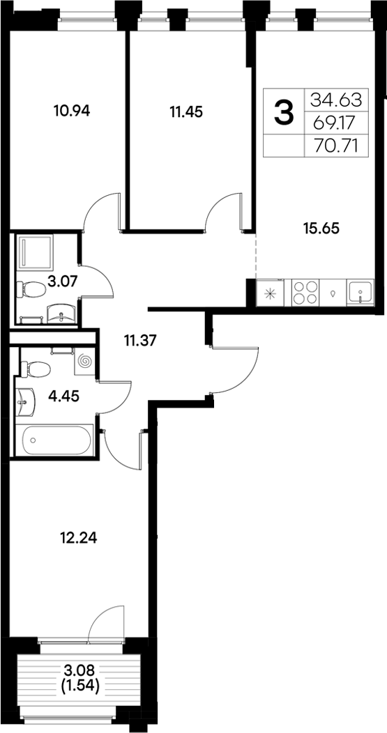 Планировка — Московский, 3-комн., 69 м²