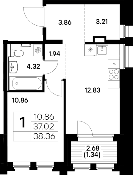 Планировка — Московский, 1-комн., 37 м²