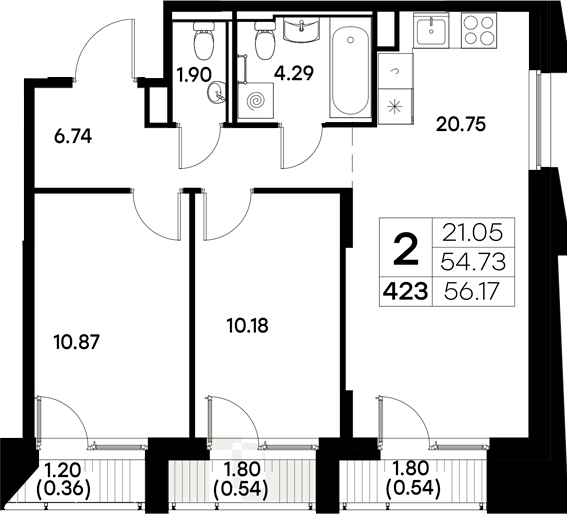 Планировка — Московский, 2-комн., 55 м²