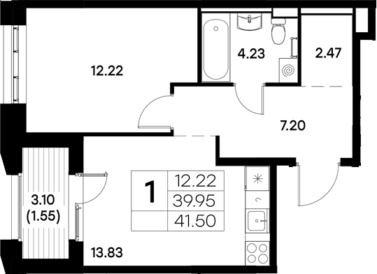 Планировка — Московский, 1-комн., 40 м²