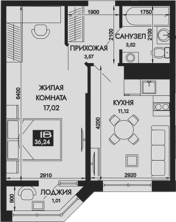 Планировка — Вершины. ГК Смена, 1-комн., 35 м²