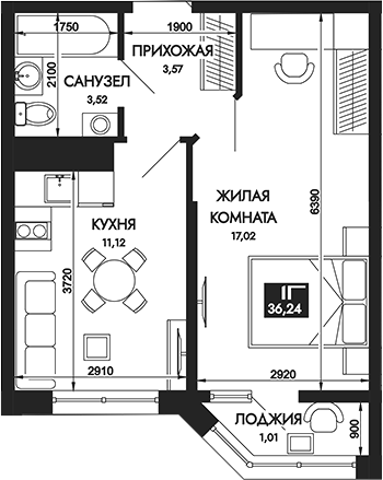 Планировка — Вершины. ГК Смена, 1-комн., 35 м²