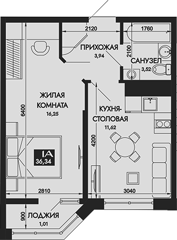 Планировка — Вершины. ГК Смена, 1-комн., 35 м²
