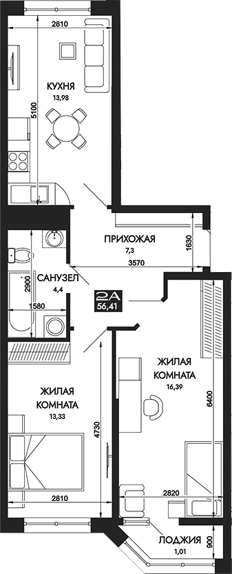 Планировка — Вершины. ГК Смена, 2-комн., 55 м²