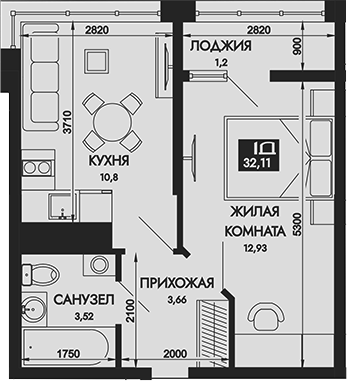 Планировка — Вершины. ГК Смена, 1-комн., 31 м²