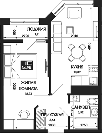 Планировка — Вершины. ГК Смена, 1-комн., 34 м²