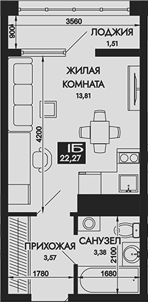 Планировка — Вершины. ГК Смена, Студия, 21 м²
