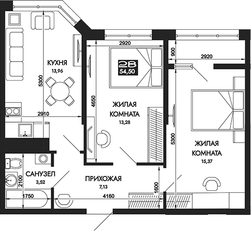 Планировка — Вершины. ГК Смена, 2-комн., 55 м²