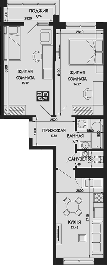 Планировка — Вершины. ГК Смена, 2-комн., 53 м²