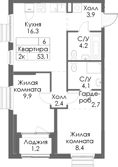 Планировка — Матюшино парк, 2-комн., 52 м²